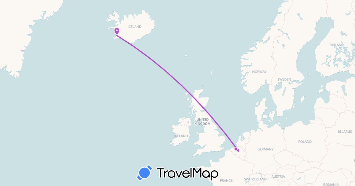 TravelMap itinerary: driving, train in Belgium, Iceland (Europe)